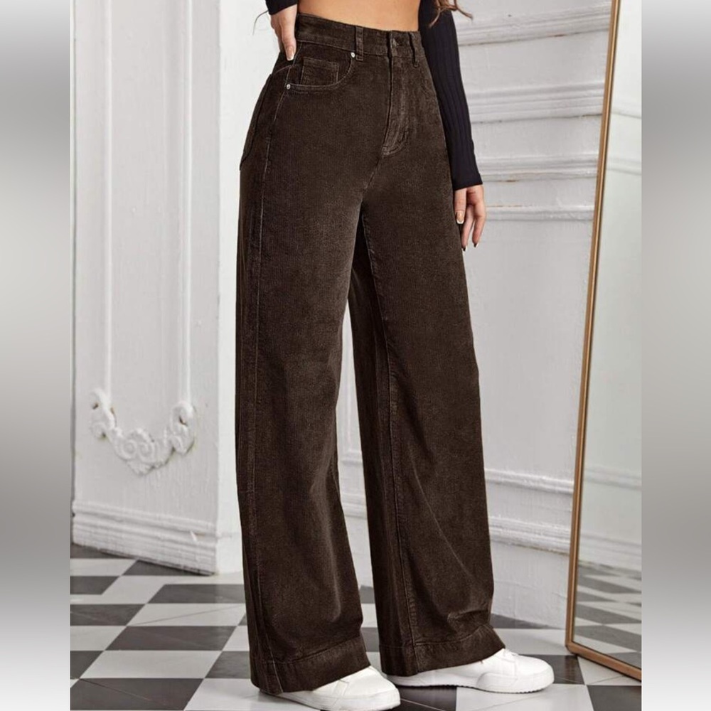 SHEIN Women’s Medium Brown Corduroy High Waste Straight Leg Pants